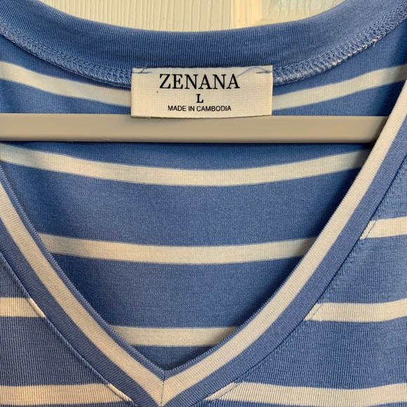 Zenana EUC Blue and White Stripes Large short Sleeve - Picture 2 of 3
